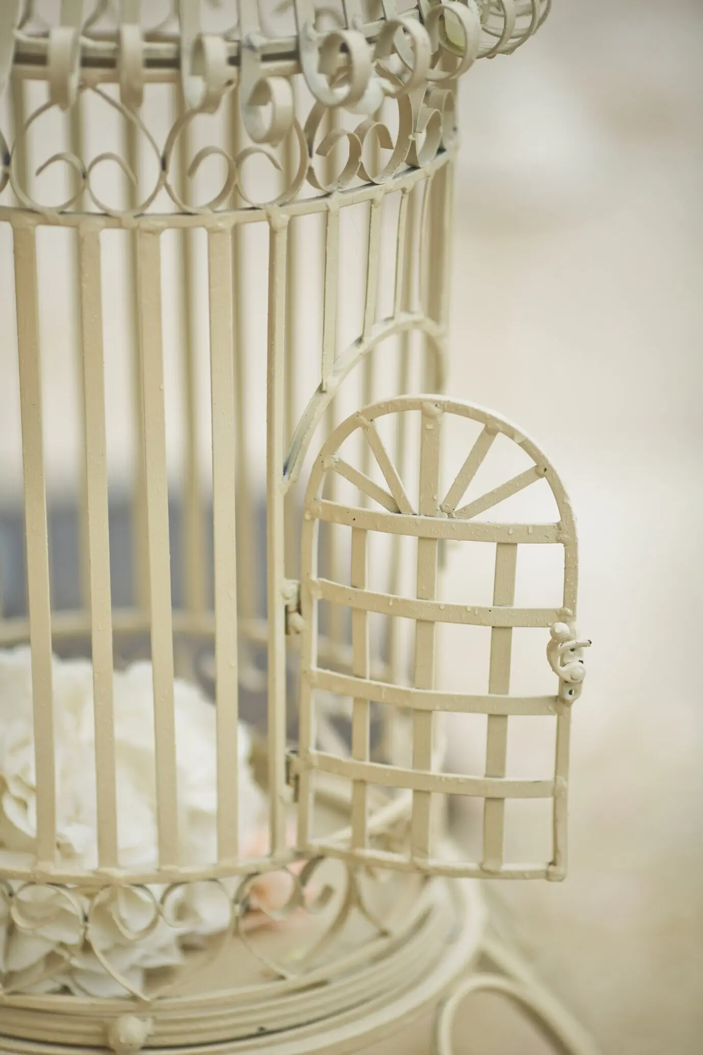 Открытая дверца белой клетки для птиц